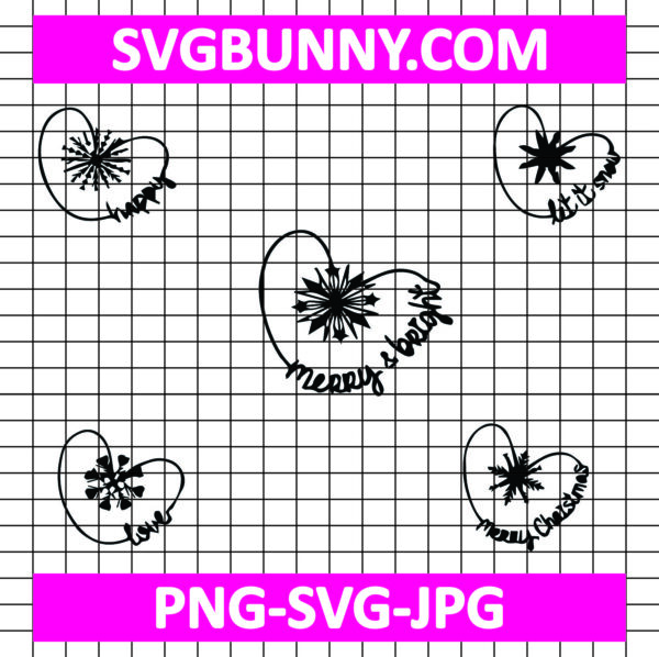 Christmas Hearts SVG Bundle , DXF, PNG, EPS, JPG | Holiday Quotes with Snowflakes