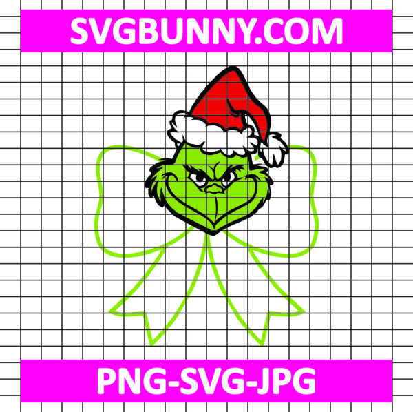 Grinch Face SVG, Christmas Bow SVG, Christmas Bow Outline Embroidery Design with Grinch Face – Green Bow