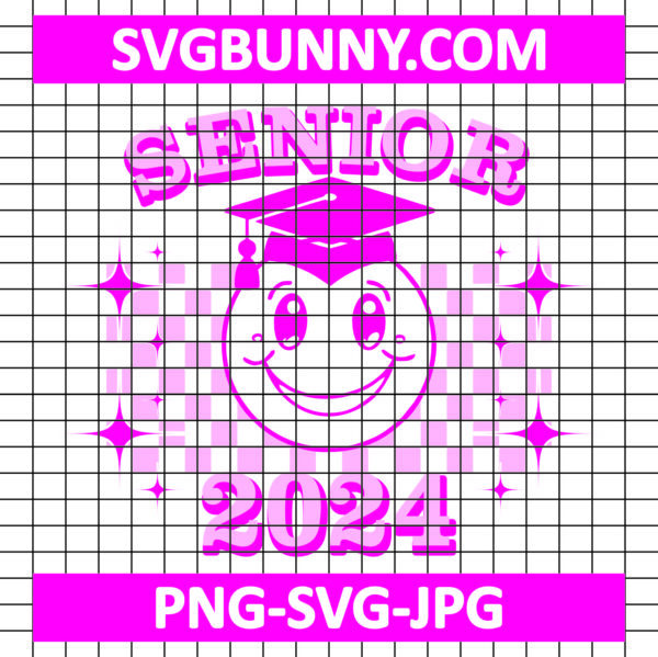 Senior 2024 Smiley Pink SVG, Graduation SVG Download, Retro Checkered SVG