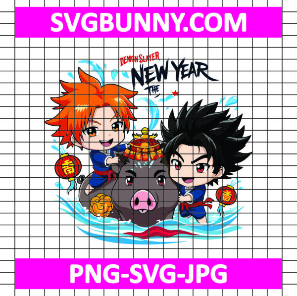 Chibi Tanjiro & Inosuke New Year SVG, New Year SVG, Demon Slayer SVG, Tanjiro & Inosuke SVG, Tanjiro SVG