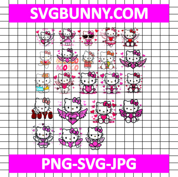Valentine's Hello Kitty Bundle, Valentine kawaii kitty SVG, Hello Kitty PNG, Valentines Day SVG, EPS, DXF, Cut File