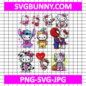 Hello Kitty Valentines Bundle SVG, Hello kitty and Stitch SVG, Spider man Kiss Hello Kitty SVG