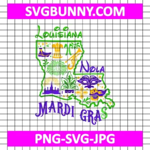 Louisiana Nola Mardi Gras SVG, New Orleans Map SVG, Mardi Gras Carnival SVG DXF EPS PNG