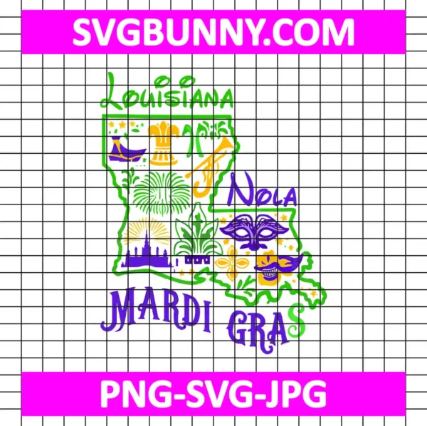 Louisiana Nola Mardi Gras SVG, New Orleans Map SVG, Mardi Gras Carnival SVG DXF EPS PNG