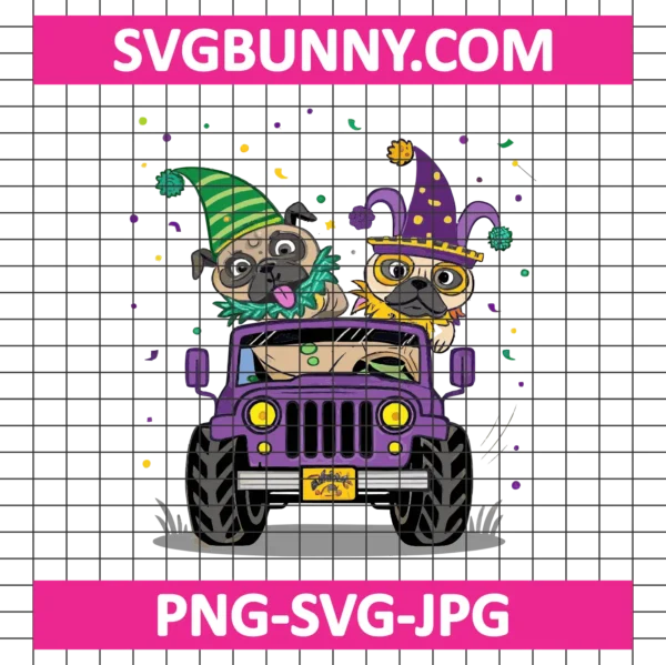 Mardi Gras Monster Truck Jester Pug SVG PNG, Mardi Gras Pug Dog SVG, Mardi Gras Carnival DXF EPS SVG PNG